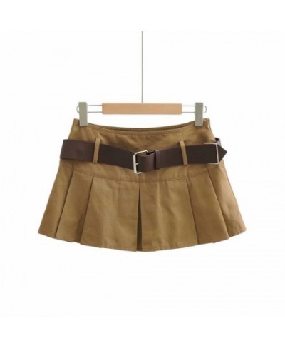 Brown Black With Belt Women Pleated Skirt Saia Womens Mini High Waist Short Skirt $35.92 - Skirts