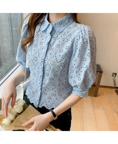 S-XXL White Shirts Women Half Sleeve Lace Hollow Out Blouse Female Turn-Down Collar Loose Buttons Office Ladies Blouse $41.77...