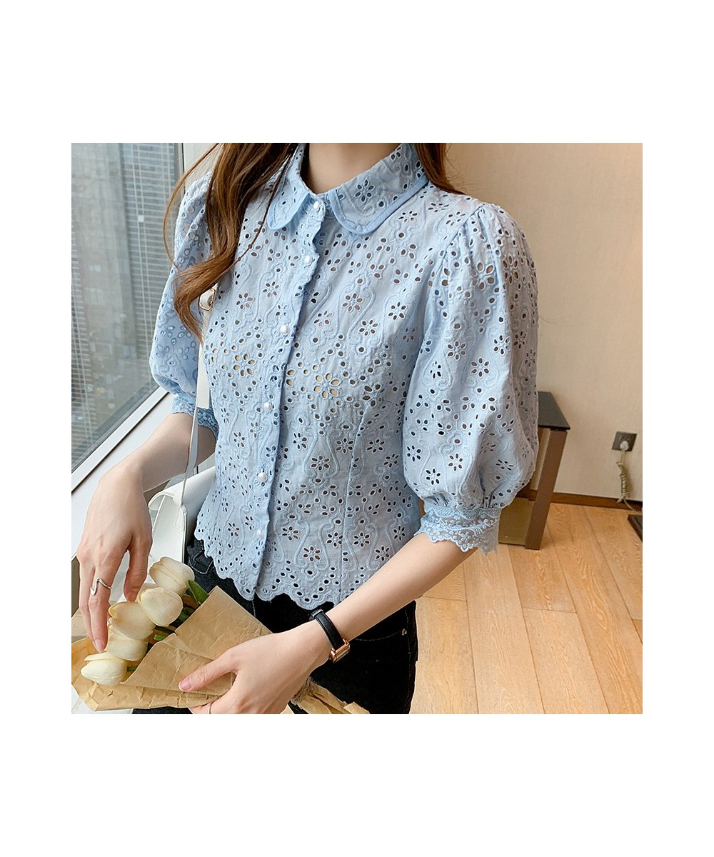 S-XXL White Shirts Women Half Sleeve Lace Hollow Out Blouse Female Turn-Down Collar Loose Buttons Office Ladies Blouse $41.77...