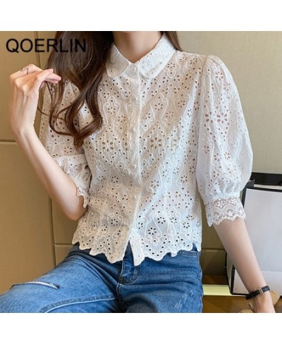 S-XXL White Shirts Women Half Sleeve Lace Hollow Out Blouse Female Turn-Down Collar Loose Buttons Office Ladies Blouse $41.77...