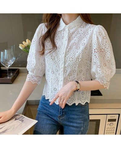 S-XXL White Shirts Women Half Sleeve Lace Hollow Out Blouse Female Turn-Down Collar Loose Buttons Office Ladies Blouse $41.77...