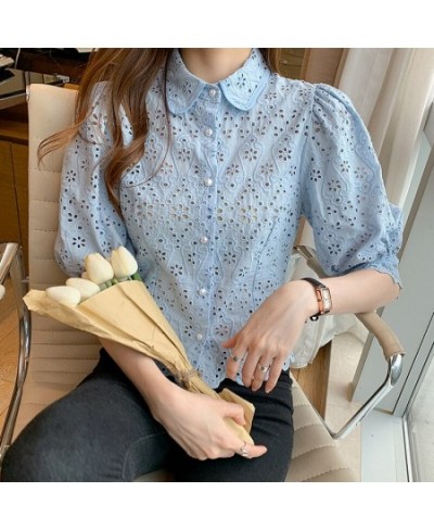 S-XXL White Shirts Women Half Sleeve Lace Hollow Out Blouse Female Turn-Down Collar Loose Buttons Office Ladies Blouse $41.77...