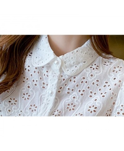 S-XXL White Shirts Women Half Sleeve Lace Hollow Out Blouse Female Turn-Down Collar Loose Buttons Office Ladies Blouse $41.77...