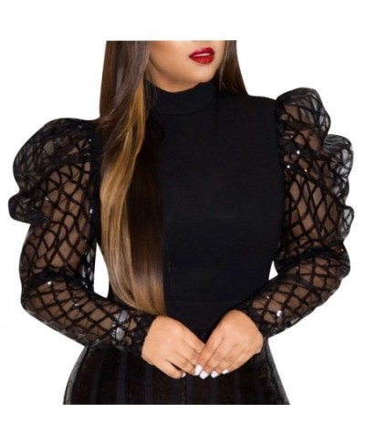 Womens Long Mesh Puff Sleeve Blouse Shirts Spring Autumn Black Red Solid Fashion Elegant Blouses and Tops Female Clothes $27....