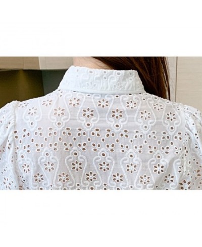 S-XXL White Shirts Women Half Sleeve Lace Hollow Out Blouse Female Turn-Down Collar Loose Buttons Office Ladies Blouse $41.77...