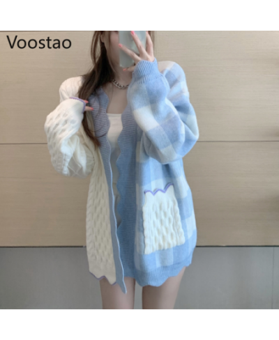 Korean Sweet Women Elegant Knitted Sweater Autumn Fashion Chic V-Neck Patchwork Plaid Cardigan Outwear Tops Female Loose Coat...