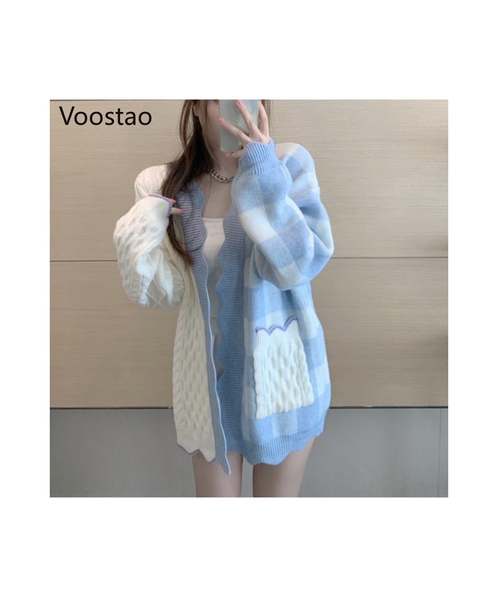 Korean Sweet Women Elegant Knitted Sweater Autumn Fashion Chic V-Neck Patchwork Plaid Cardigan Outwear Tops Female Loose Coat...