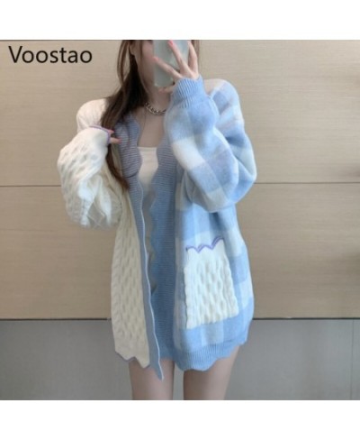 Korean Sweet Women Elegant Knitted Sweater Autumn Fashion Chic V-Neck Patchwork Plaid Cardigan Outwear Tops Female Loose Coat...