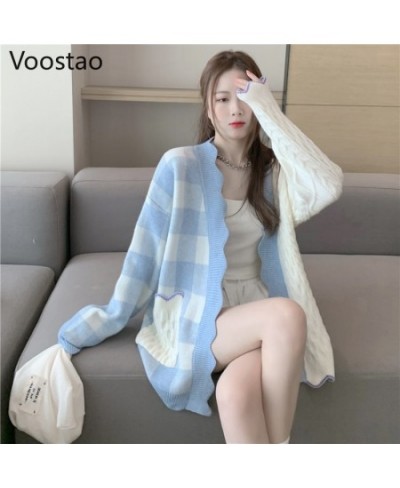 Korean Sweet Women Elegant Knitted Sweater Autumn Fashion Chic V-Neck Patchwork Plaid Cardigan Outwear Tops Female Loose Coat...