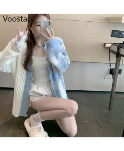 Korean Sweet Women Elegant Knitted Sweater Autumn Fashion Chic V-Neck Patchwork Plaid Cardigan Outwear Tops Female Loose Coat...