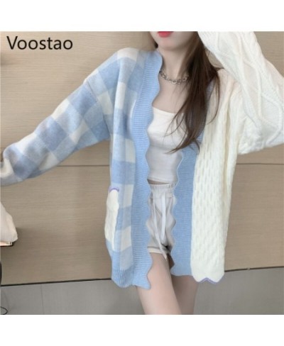 Korean Sweet Women Elegant Knitted Sweater Autumn Fashion Chic V-Neck Patchwork Plaid Cardigan Outwear Tops Female Loose Coat...