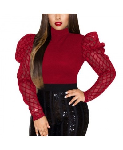 Womens Long Mesh Puff Sleeve Blouse Shirts Spring Autumn Black Red Solid Fashion Elegant Blouses and Tops Female Clothes $27....