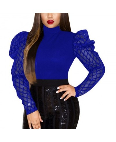 Womens Long Mesh Puff Sleeve Blouse Shirts Spring Autumn Black Red Solid Fashion Elegant Blouses and Tops Female Clothes $27....