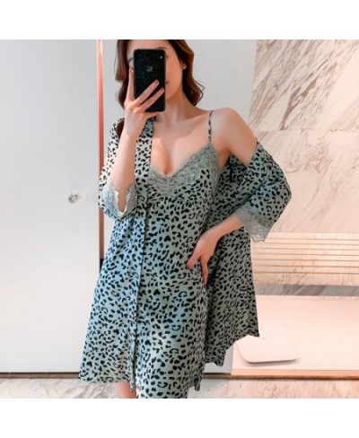 Women's Pajamas 2PCS Robe Set Leopard Sleep Dressing Gown Lace Sexy Bathrobe Night Suit Home Clothes Pijamas Nightgown $51.14...