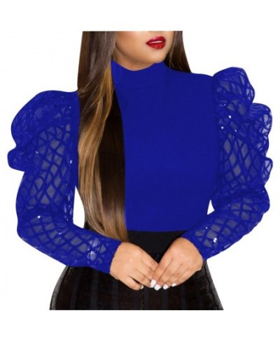 Womens Long Mesh Puff Sleeve Blouse Shirts Spring Autumn Black Red Solid Fashion Elegant Blouses and Tops Female Clothes $27....