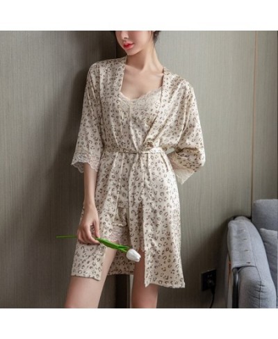 Women's Pajamas 2PCS Robe Set Leopard Sleep Dressing Gown Lace Sexy Bathrobe Night Suit Home Clothes Pijamas Nightgown $51.14...