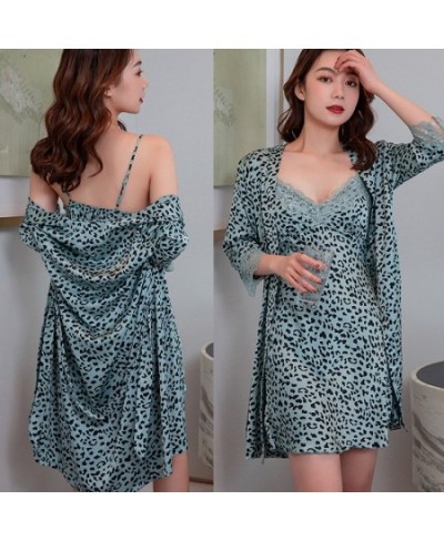 Women's Pajamas 2PCS Robe Set Leopard Sleep Dressing Gown Lace Sexy Bathrobe Night Suit Home Clothes Pijamas Nightgown $51.14...