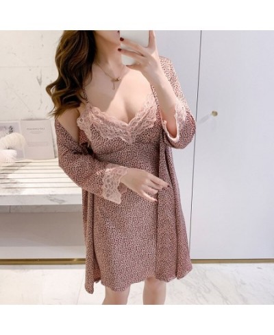 Women's Pajamas 2PCS Robe Set Leopard Sleep Dressing Gown Lace Sexy Bathrobe Night Suit Home Clothes Pijamas Nightgown $51.14...