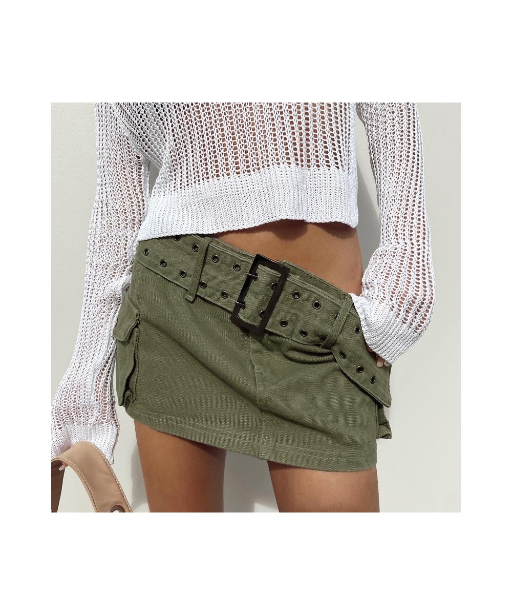 Harajuku Cargo Skirts y2k Women Solid Color Low Waist Straight Skirts with Belt + Pockets Aesthetic 2000s Streetwear $32.03 -...