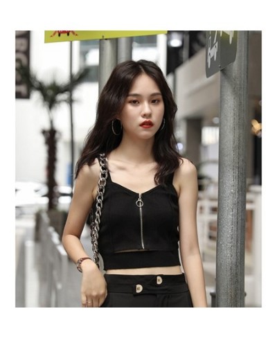 Women Crop Top Club Sexy Zipper Cotton Camisole Ladies Sleeveless Solid Simple Straps Tops Women Black Knitted Tank Tops $12....