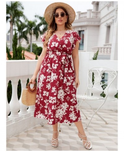 Plus Size Floral Print Butterfly Sleeve Belted Dress Women Boho Summer V Neck High Waist A-line Vacation Long Dresses $46.48 ...