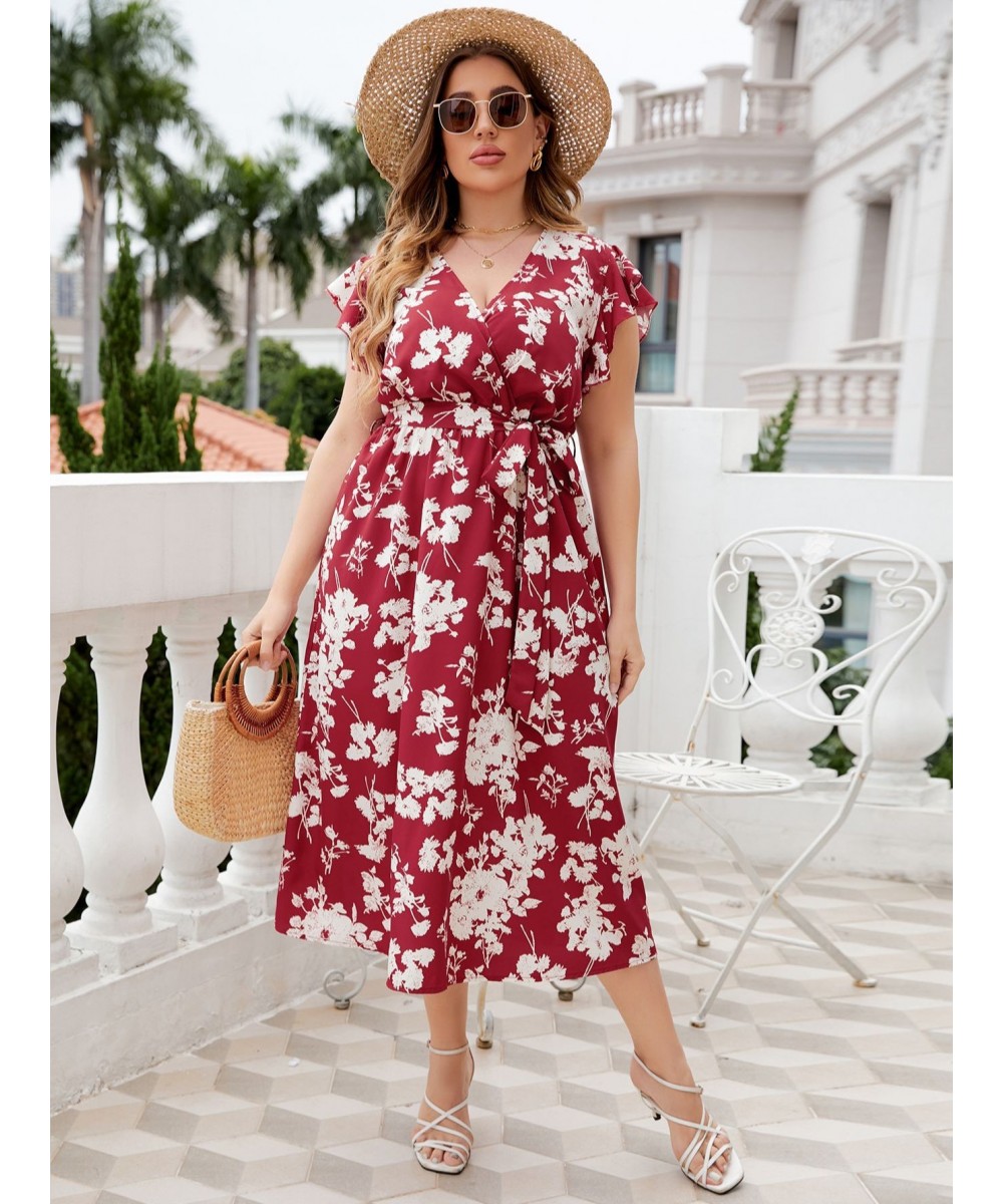 Plus Size Floral Print Butterfly Sleeve Belted Dress Women Boho Summer V Neck High Waist A-line Vacation Long Dresses $46.48 ...