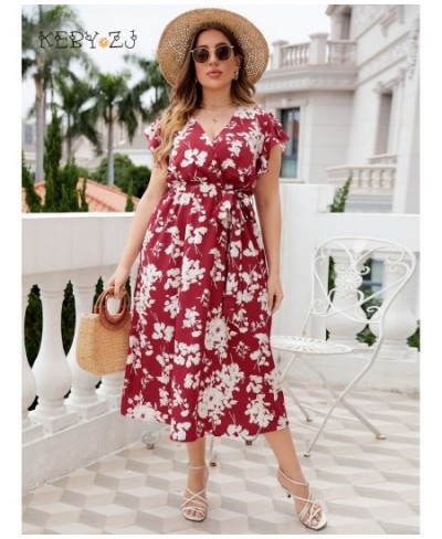 Plus Size Floral Print Butterfly Sleeve Belted Dress Women Boho Summer V Neck High Waist A-line Vacation Long Dresses $46.48 ...