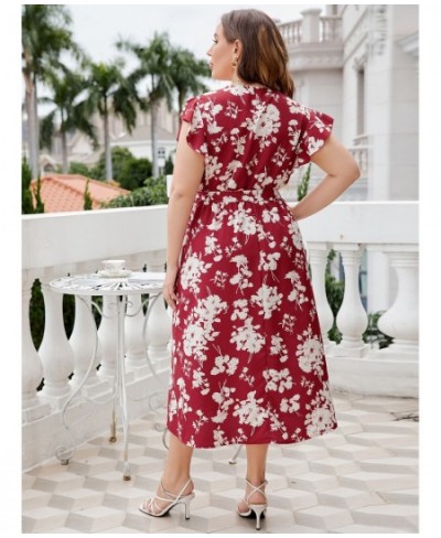 Plus Size Floral Print Butterfly Sleeve Belted Dress Women Boho Summer V Neck High Waist A-line Vacation Long Dresses $46.48 ...