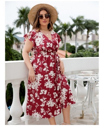 Plus Size Floral Print Butterfly Sleeve Belted Dress Women Boho Summer V Neck High Waist A-line Vacation Long Dresses $46.48 ...