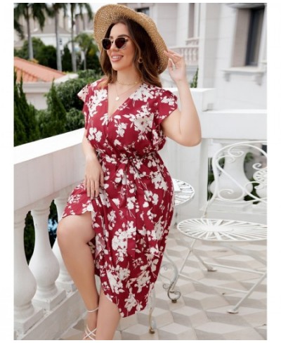 Plus Size Floral Print Butterfly Sleeve Belted Dress Women Boho Summer V Neck High Waist A-line Vacation Long Dresses $46.48 ...