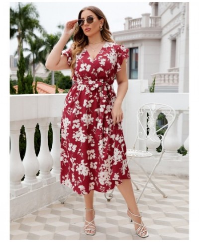 Plus Size Floral Print Butterfly Sleeve Belted Dress Women Boho Summer V Neck High Waist A-line Vacation Long Dresses $46.48 ...