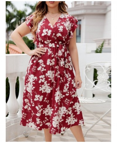 Plus Size Floral Print Butterfly Sleeve Belted Dress Women Boho Summer V Neck High Waist A-line Vacation Long Dresses $46.48 ...