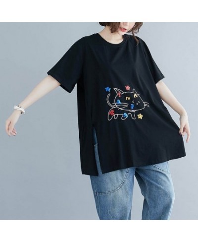 150Kg Plus Size Women's Summer Short-Ssleeved Sequined Cat T-Shirt Bust 150cm 6XL 7XL 8XL 9XL Loose Cotton O-Neck T-Shirt Bla...