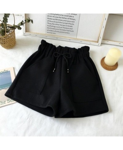 2022 New Spring and Autumn Solid Color High Waist Woolen Cloth Shorts for Woman Elastic Waist Black Brown Large Size Shorts 5...