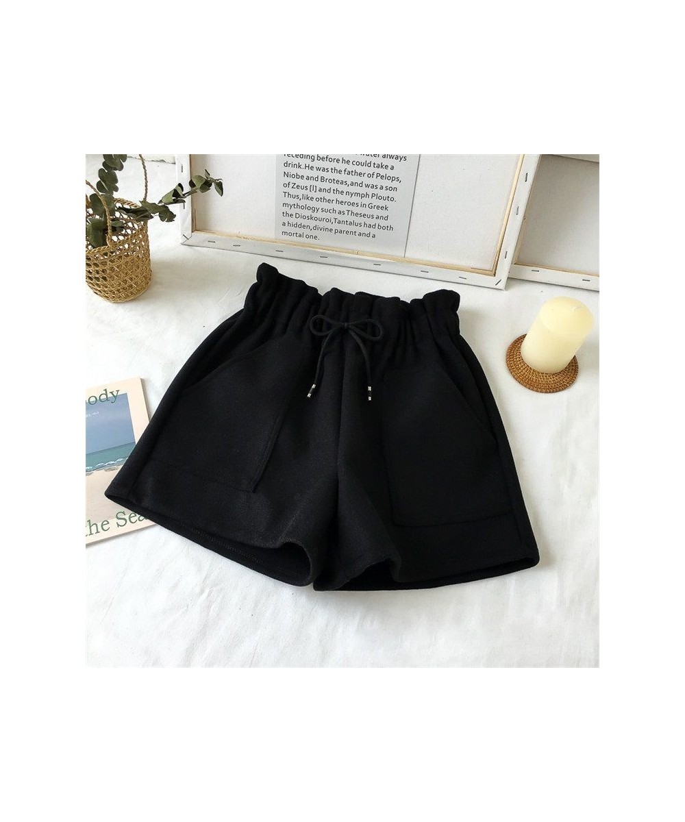 2022 New Spring and Autumn Solid Color High Waist Woolen Cloth Shorts for Woman Elastic Waist Black Brown Large Size Shorts 5...