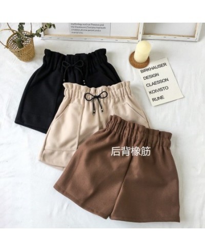 2022 New Spring and Autumn Solid Color High Waist Woolen Cloth Shorts for Woman Elastic Waist Black Brown Large Size Shorts 5...