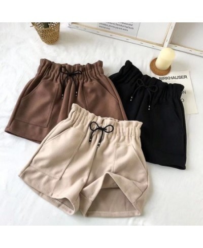 2022 New Spring and Autumn Solid Color High Waist Woolen Cloth Shorts for Woman Elastic Waist Black Brown Large Size Shorts 5...