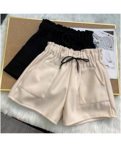 2022 New Spring and Autumn Solid Color High Waist Woolen Cloth Shorts for Woman Elastic Waist Black Brown Large Size Shorts 5...