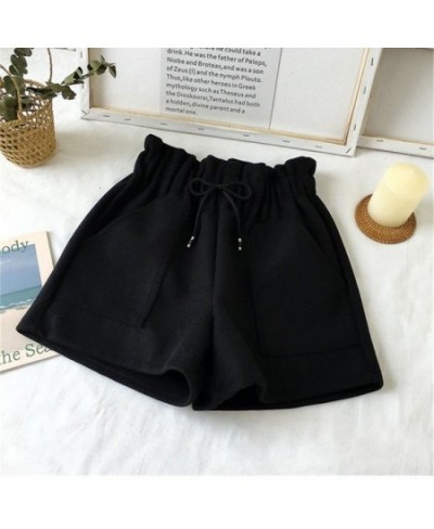 2022 New Spring and Autumn Solid Color High Waist Woolen Cloth Shorts for Woman Elastic Waist Black Brown Large Size Shorts 5...