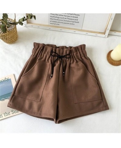 2022 New Spring and Autumn Solid Color High Waist Woolen Cloth Shorts for Woman Elastic Waist Black Brown Large Size Shorts 5...