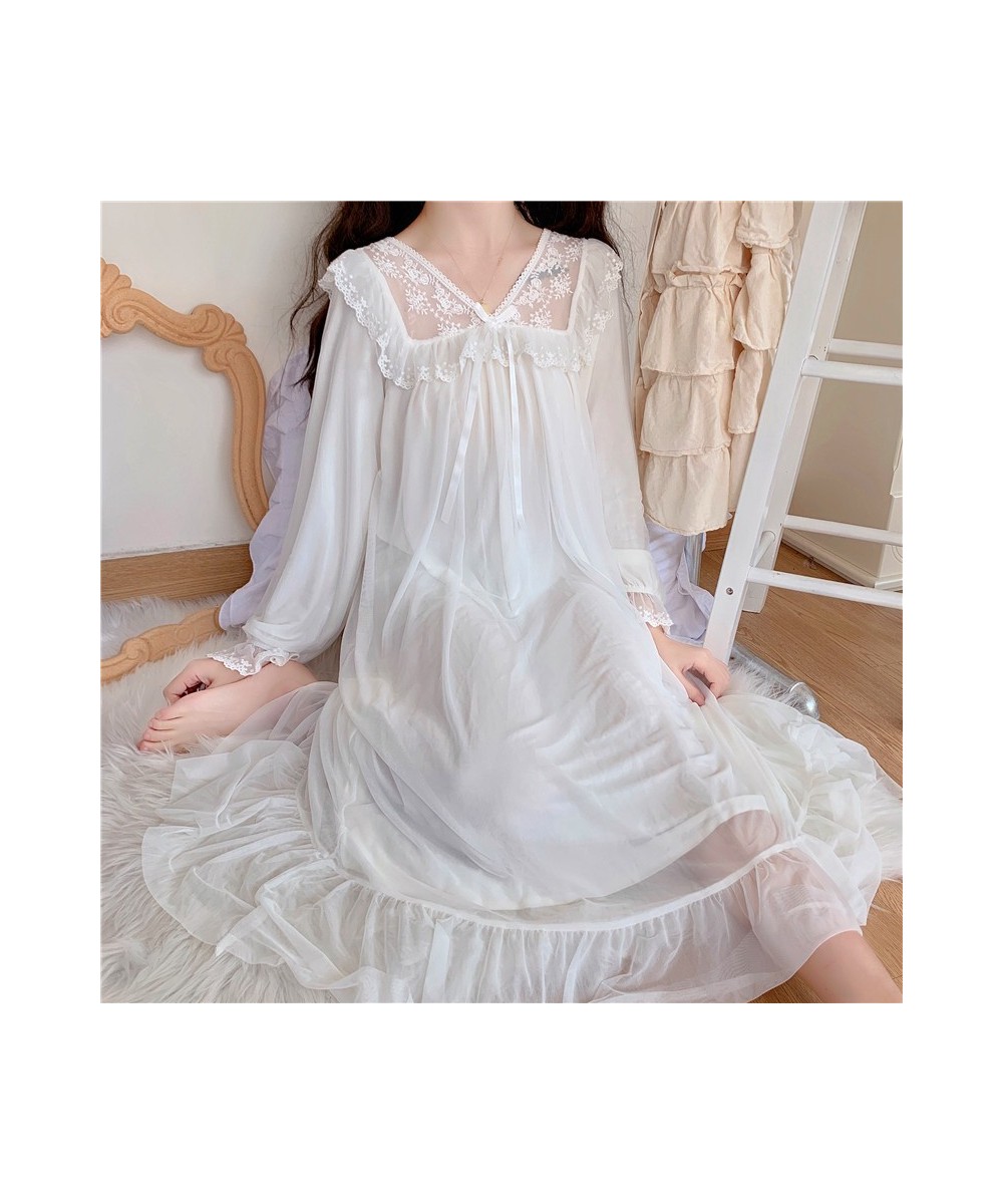 Cute Women's Sleepwear Princess Dress Vintage White Mesh Embroidery V Neck Nightgown.Lady Girl‘s Royal Style Nightdress Night...