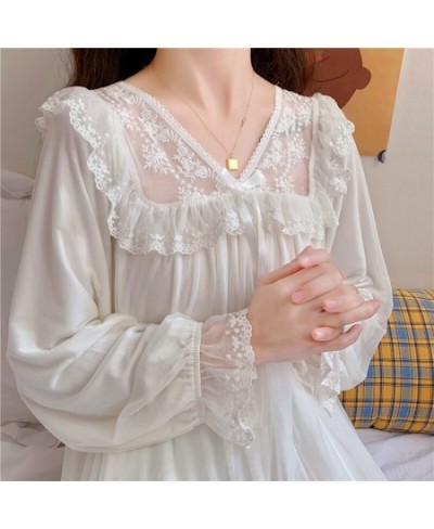 Cute Women's Sleepwear Princess Dress Vintage White Mesh Embroidery V Neck Nightgown.Lady Girl‘s Royal Style Nightdress Night...