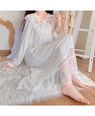 Cute Women's Sleepwear Princess Dress Vintage White Mesh Embroidery V Neck Nightgown.Lady Girl‘s Royal Style Nightdress Night...