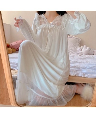 Cute Women's Sleepwear Princess Dress Vintage White Mesh Embroidery V Neck Nightgown.Lady Girl‘s Royal Style Nightdress Night...