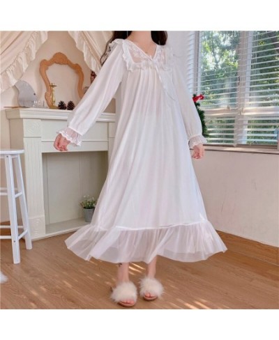 Cute Women's Sleepwear Princess Dress Vintage White Mesh Embroidery V Neck Nightgown.Lady Girl‘s Royal Style Nightdress Night...