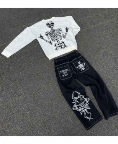 Women Jeans Y2K streetwear Retro Skull Embroidery Washed Casual Hip Hop Pants Trousers Loose Streetwear Pantalones $55.89 - B...