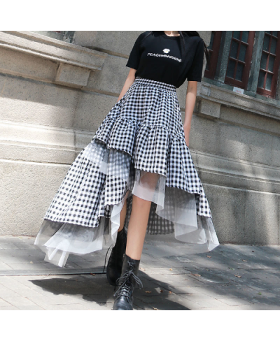 2023 Black and White Plaid Stitching Hip Slim Skirt Medium Length Irregular Mesh Skirt Women's Tutu Skirt Fashion Streetwear ...