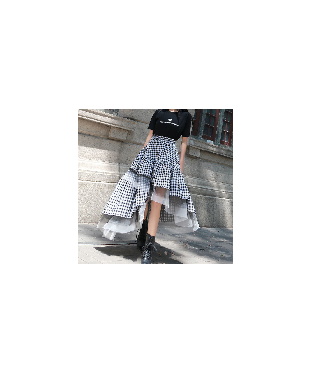 2023 Black and White Plaid Stitching Hip Slim Skirt Medium Length Irregular Mesh Skirt Women's Tutu Skirt Fashion Streetwear ...