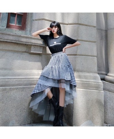 2023 Black and White Plaid Stitching Hip Slim Skirt Medium Length Irregular Mesh Skirt Women's Tutu Skirt Fashion Streetwear ...