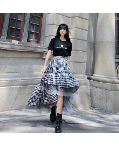 2023 Black and White Plaid Stitching Hip Slim Skirt Medium Length Irregular Mesh Skirt Women's Tutu Skirt Fashion Streetwear ...